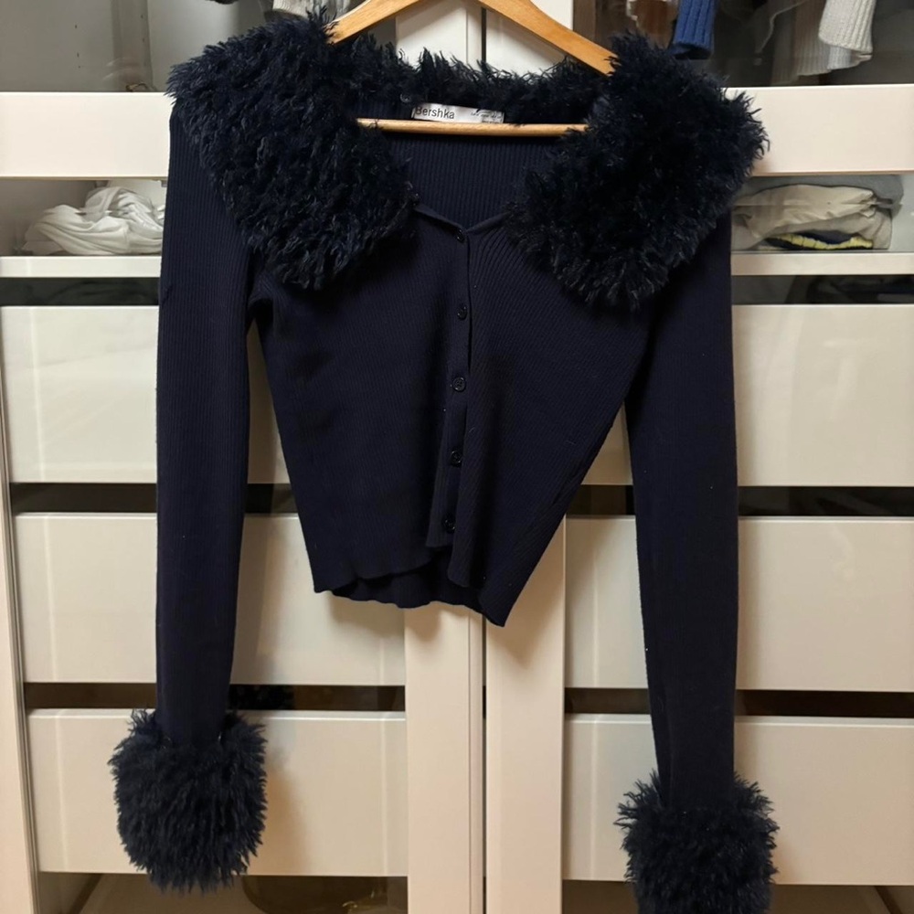 Navy Fuzzy Trim Cardigan